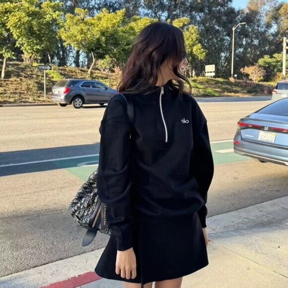 Alo Black Half-Zip Standing Collar Sweatshirt, Fitness and Sports Top - Picture 1 of 6